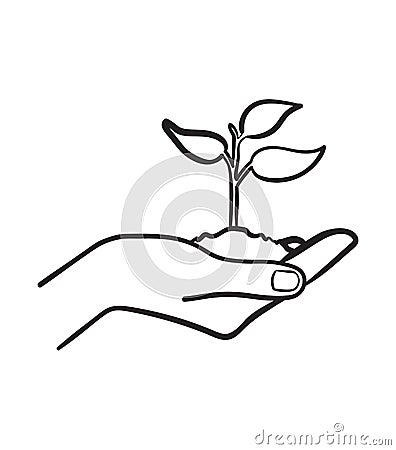 Human hand with sprout hand drawn sketch icon. Vector Illustration