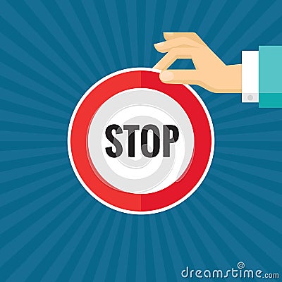 Human hand with stop sign - concept vector illustration in flat style design for creative projects. Human hand and circle. Vector Illustration