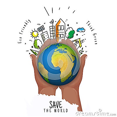 Human hand supporting earth globe with city view. Stock Photo