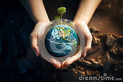 Human hand supports Earth, a concept for saving the environment Stock Photo