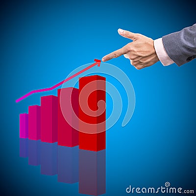 Human hand take profit income concept with graph on blue background modern interface Stock Photo