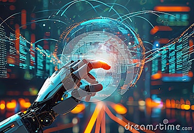 human hand touching robot hand touching large network connection, electrical signals, program codes Cartoon Illustration