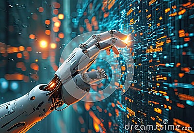 human hand touching robot hand touching large network connection, electrical signals, program codes Cartoon Illustration