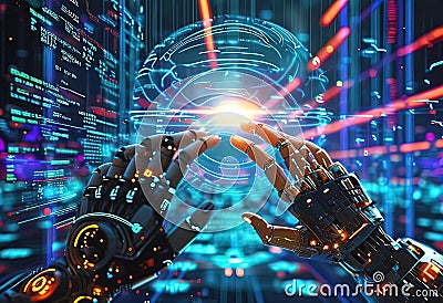 human hand touching robot hand touching large network connection, electrical signals, program codes Cartoon Illustration
