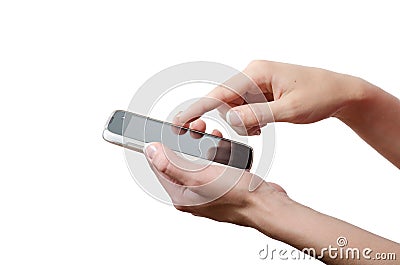 Human hand touching smart phone screen isolated on white background Stock Photo