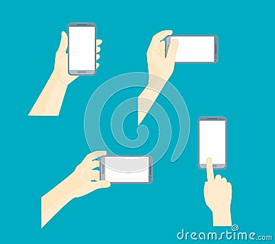 Human Hand Using Mobile Smart Phone Set. Vector Vector Illustration