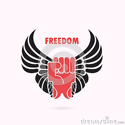 Human hand and wings.Red fist and wing icon.Force icon.Power and Vector Illustration