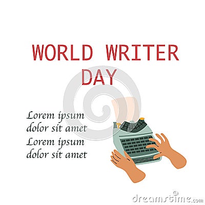 human hand writing on typewrite, writer day banner with copy space Vector Illustration