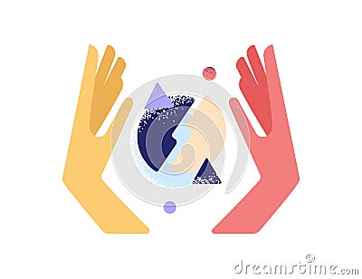 Human hands analyzing data, researching smth. and creating business systems and structures out of abstract geometric Vector Illustration