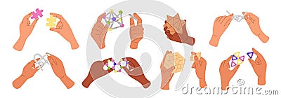 Human hands assemble different puzzles. Logic games. Arms collecting details into common shape. Problem solving search Stock Photo