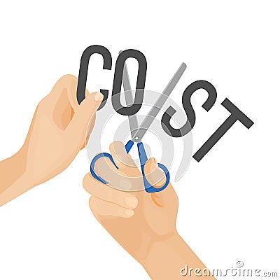 Human hands cutting word cost, concept of reduction budget cuts Vector Illustration