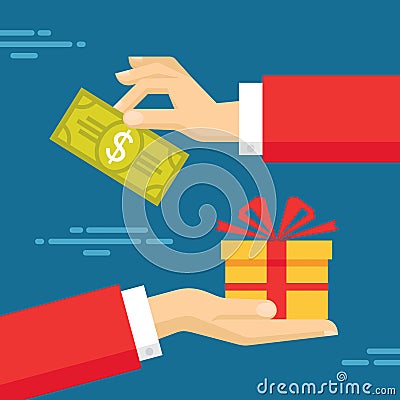 Human Hands with Dollar Money and Present Gift. Flat style concept design illustration Vector Illustration