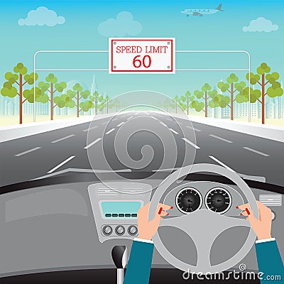 Human hands driving a car on asphalt road with speed limit Vector Illustration