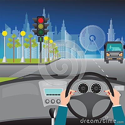 Human hands driving a car on asphalt road and waiting Vector Illustration