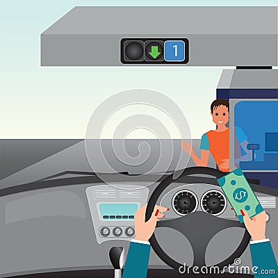 Human hands driving a car and showing car paying Vector Illustration