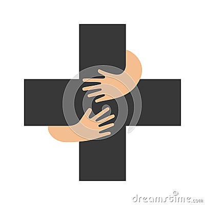 Human hands embracing or holding plus sign vector flat illustration. Creative emblem with a black big cross figure and Vector Illustration