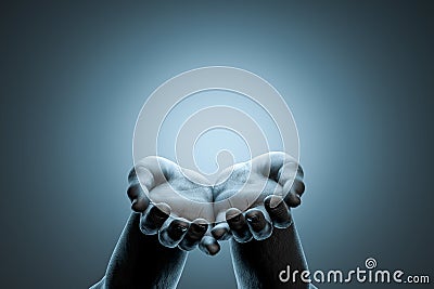 Human Hands Folded In Prayer on Gray Background. Concept Of Connection With Allah And Praying. 3d rendering. Stock Photo