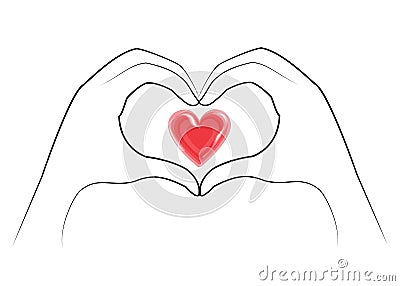 Human hands are folded in the shape of a heart and a red heart. People of different nationalities. Valentine s Day. Vector Cartoon Illustration