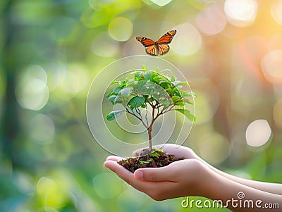 Human hands gently hold a small sapling or small tree. Visual metaphor for environmental awareness and climate change. Green bokeh Stock Photo