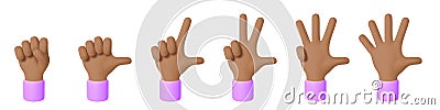 Human Hands Gestures. Set of 3d Cartoon Character Hands. Finger counting. African American hand Vector Illustration