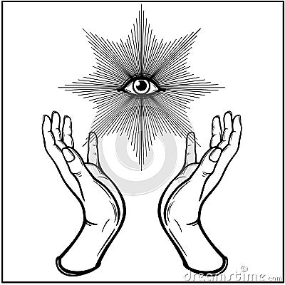 Human hands hold the divine all-seeing eye. Magic, alchemy, occult, spirituality. Vector Illustration