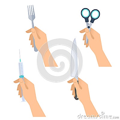 Hands hold metal fork, steel knife, medical syringe, office scissors. Vector Illustration