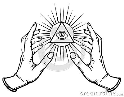 Human hands hold the shining triangle a symbol of eyes. Vector Illustration