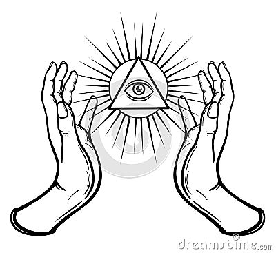 Human hands hold the shining triangle a symbol of eyes. Vector Illustration