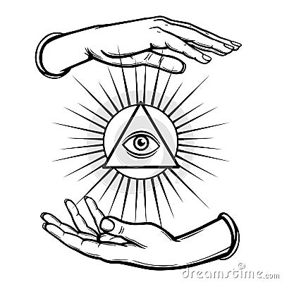 Human hands hold the shining triangle a symbol of eyes. Coloring book. Vector Illustration