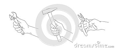 Human hands hold small tools hammer, spanner, pliers. Flat illustration of hands in different positions with construction and Cartoon Illustration