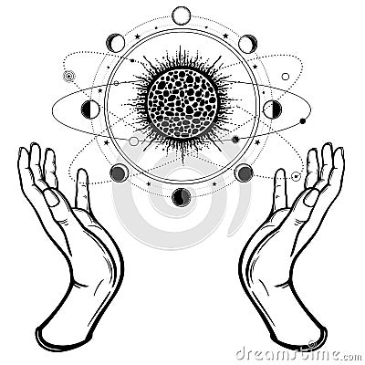 Human hands hold a stylized solar system, cosmic symbols, phase of the moon. Vector Illustration