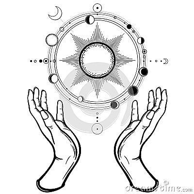 Human hands hold a stylized solar system, cosmic symbols, phase of the moon. Vector Illustration