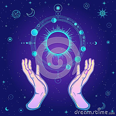 Mystical drawing: human hand holds the universe.Human hands hold a stylized solar system, cosmic symbols, phase of the moon. Vector Illustration