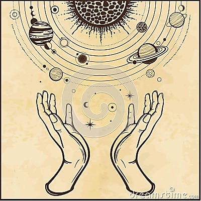 Human hands hold a stylized solar system, cosmic symbols, stars. Vector Illustration