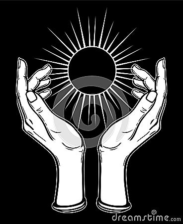 Human hands hold a symbol of the shining sun. Vector Illustration