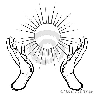 Human hands hold a symbol of the shining sun. Vector Illustration