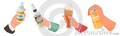 Human hands holding beer alcohol drink set Vector Illustration