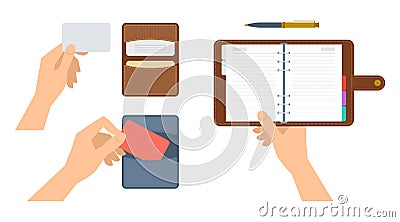 Human hands are holding cardholder with cards and paper planner. Vector Illustration