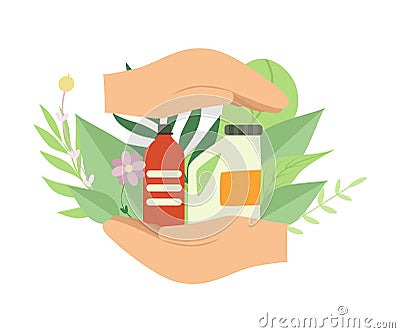 Human Hands Holding Eco Friendly Household Cleaning Supplies, Environmental Protection, Ecology Concept Vector Vector Illustration