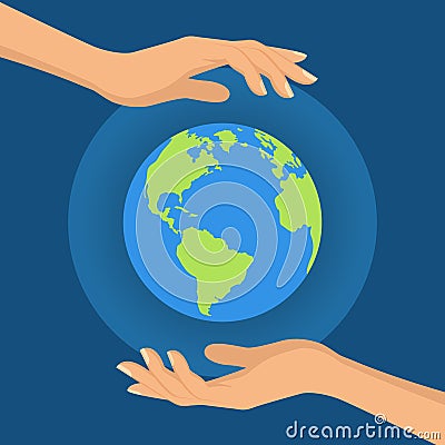 Human hands holding floating globe in space. Flat style vector i Cartoon Illustration