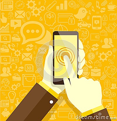 Human hands holding mobile phone with social media icons Vector Illustration