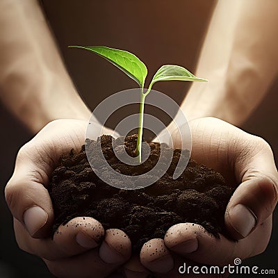 human hands holding a small seedling in soil Stock Photo