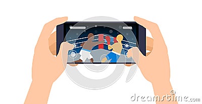Human hands holding smartphone gaming boxing fight app virtual sport game vector Vector Illustration