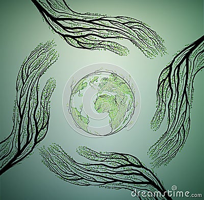 Human hands look like tree branches and take care of Earth nature concept, protect tree idea, Vector Illustration