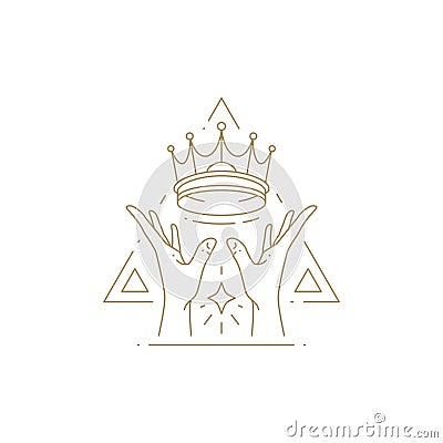 Human hands medieval monarchy crown bright jewelry gem geometric frame monochrome line icon vector Vector Illustration