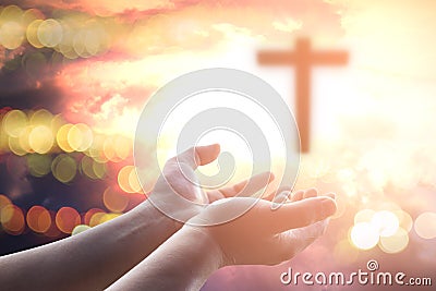 Human hands open palm up worship. Eucharist Therapy Bless God Helping Repent Catholic Easter Lent Mind Pray. Stock Photo