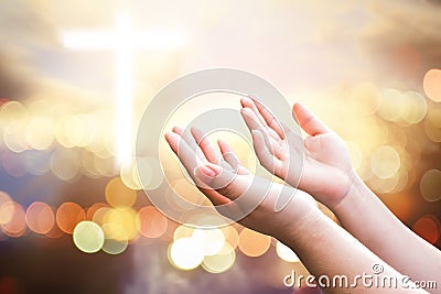 Human hands open palm up worship. Eucharist Therapy Bless God He Stock Photo