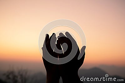 Human hands open palm up worship. Eucharist Therapy Bless God Helping Repent Catholic Easter Lent Mind Pray. Stock Photo