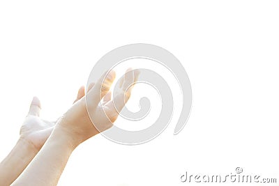 Human hands open palm up worship Praying hands with faith and belief in God of an appeal to the sky. Stock Photo