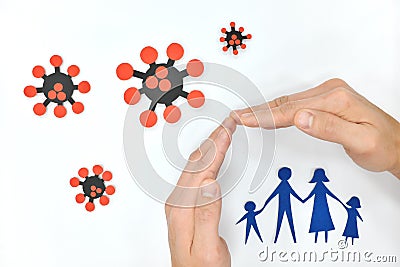 Human hands protecting a family from coronavirus. Protection against covid-19 pandemic. Stock Photo